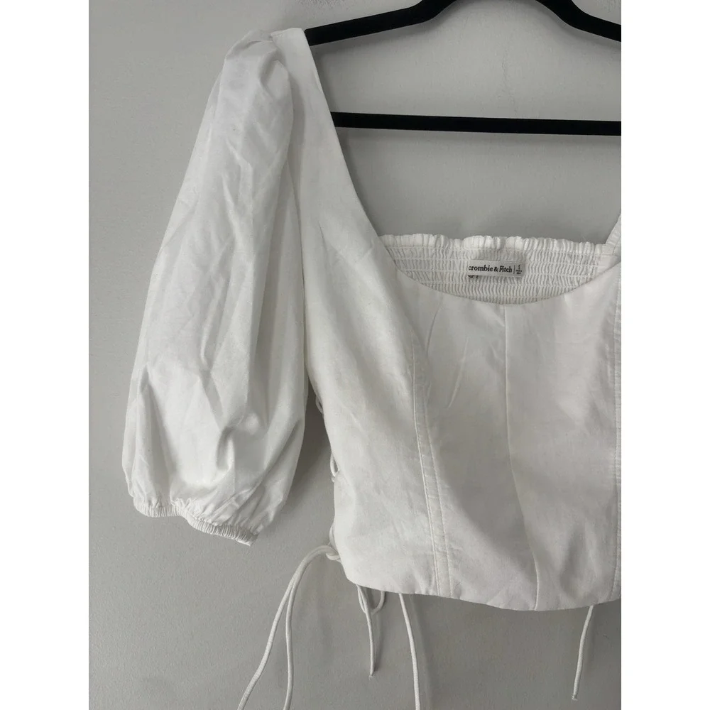 Abercrombie & Fitch Women's White Smocked Milkmaid Side Tie Puff Sleeve Top